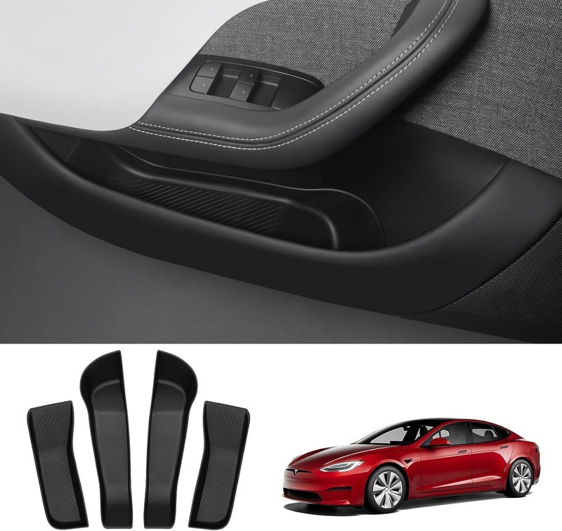 Basenor 2021-2026 Tesla Model S Door Side Storage Box, Door Organizer Tray (Proprietary Design) Front Rear Slot Pockets, Protector Liner for Model S/S Plaid Accessories Set of 4 - Image 1